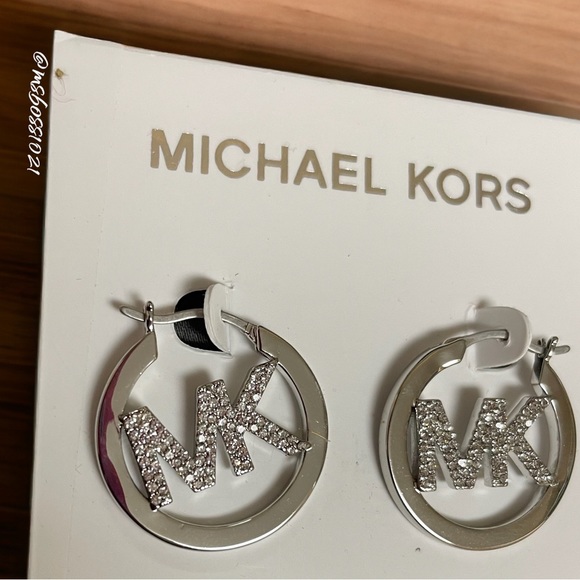 Michael Kors MK Logo Crystal Pave Hoop Drop Earrings in Silver - Picture 2 of 2